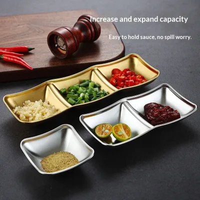 Japanese-style 304 Stainless Steel Sauce Dishes; Golden Two- Three-compartment Condiment Dishes; Microwave Safe Barbecue Hot Pot