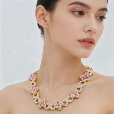 Trendy Cool Butterfly Shape Diamond 18K Gold Plated Bamboo Chain Unisex Necklace 18inches Length Popular in Europe & America