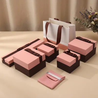 Factory Direct Custom High Quality Jewellery Gift Box Cardboard Ribbon Lid Bottom Pink Paper Jewelry Packaging Box