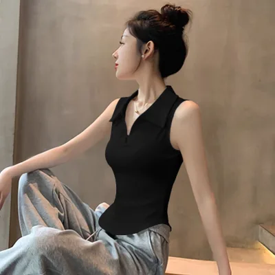 2025 Summer New Camisole for Women Black for Polo Collar Casual Short Sleeveless Top Niche Inner Layer Solid Plain Dyed Design