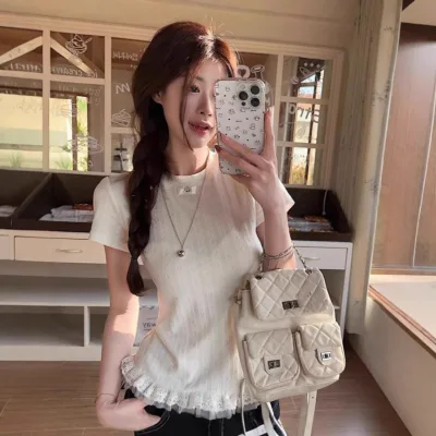 2026 Fashion Jacquard Sweet Lace Stitching Short-sleeved Women's T-shirt Summer New Slim-fit Trendy Base Women's Top