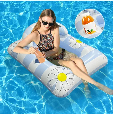 New Design Square Shape Inflatable Pool Floating with Cup Holder Daisy Pattern PVC Inflatable Chair Pool Floats for Adults Kids