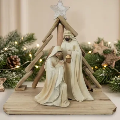 Hand-Painted Holy Family Nativity Scene with Timber Stable & Star, Religious Christmas Ornament, Elegant Christian Home Gift