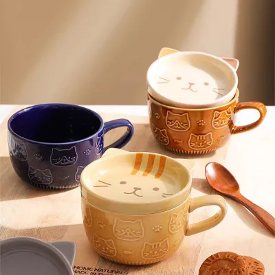 300ml Japanese Style Creative Animals Pattern Coffee Cup Breakfast Ceramic Handmade Tea Cup and Lid