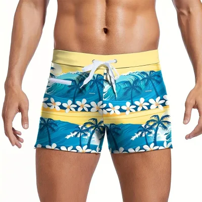 Wildness New Hawaiian Coconut Tree Print Zip-fastening Drawstring Leisure-fit Swim Briefs