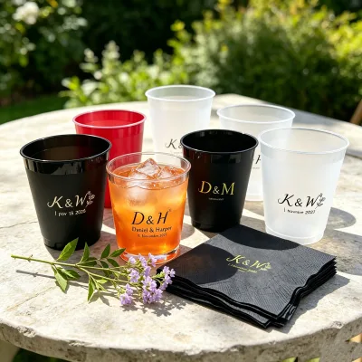 Disposable Plastic Cups Promotional Custom Personalized 16oz Stadium Plastic Black PET Cup for Cold Drink Napkin Burgundy Bride