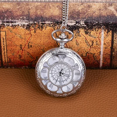 Wholesale Large-Sized Hollowed-out Quartz Pocket Watch Silver Petal-Design Bezel Alloy Case Circle Case Pocket Watches