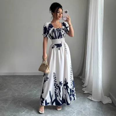 2025 Summer for Europe and America New Puff Sleeve High Waist Tight Waist Printed Women's Large Swing Sling Dashiki