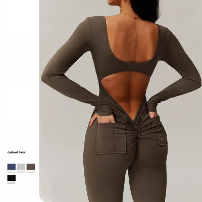 Summer Casual Style Women's Fashion Sexy Nude Sport One-Piece Jumpsuit Long Sleeve Quick Drying Butt Lifter Pockets Bodysuit