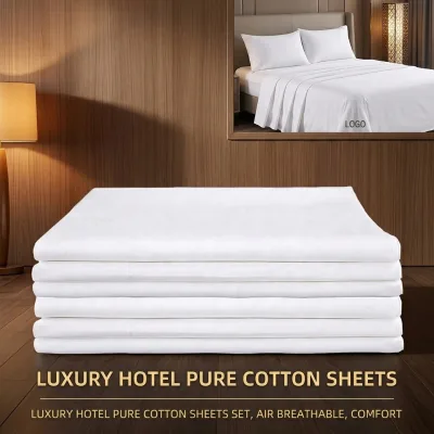 Hotel Bedding Set 100% Cotton 300tc Breathable Comfort Solid White Flat Sheet Duvet Cover for Star Hotel