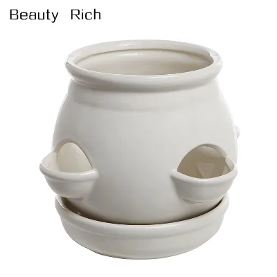 Decorative 4 Side Openings Design White Ceramic Plant Flower Container Pot with Saucer