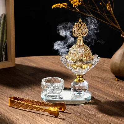 Luxury Glass Crystal Incense Burner with Tray, Middle Eastern Style Bakhoor Holder for Home & Living Room