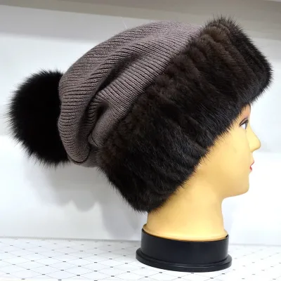 Winter Woman's Mink Fur Hat with Fox Fur Ball New Fashion Knitted Hat with Elasticity Hand Embroidered Common Fabric Feature