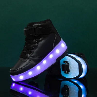 Kids Dual Wheels Roller Skating Shoes with LED Light Patent Leather Upper Material on Sale
