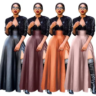 O6075-new Arrivals 2022 Fashion Irregular High Slit Black Leather Dress Leather Skirt for Women