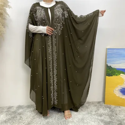 Luxury Style Pearl Flower Transparent Chiffon Fabric Neck Button Closure Open Abaya with Stones and Hoodie