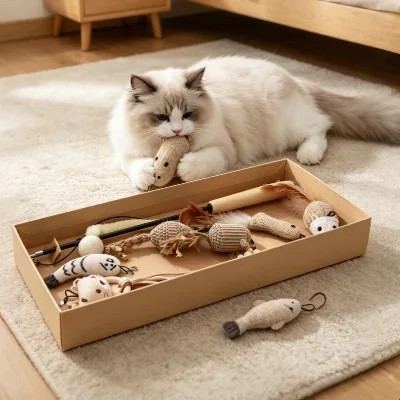 Wooden Handle Cat Wand Toy 8 Pcs Replacement Refills Gift Box Set Natural Linen Interactive Feather Teaser Kitten Toys