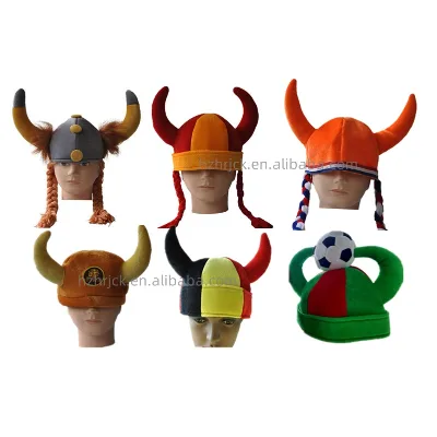 Custom Velvet Football Team Fan Top Ball Viking Bull Horn Hat with Wig Soccer Fans Hats Accessories