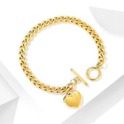 18K Gold Plated Stainless Steel Cuban Chain Heart Bracelet Fashion OT Clasp Bangles with T-Bar Charm Gold Heart OT Jewelry
