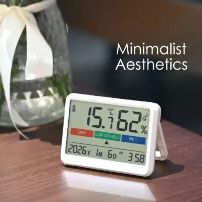 Digital Temperature Humidity Monitor Clear LCD Comfort Indicator Flexible Mounting Clock Date in One Compact High Accuracy