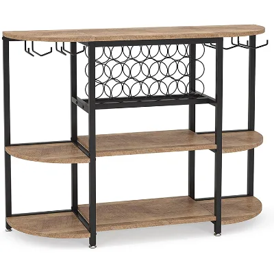 3-Tier Bar Cart with Wine Rack, Elegant Rustic Mobile Kitchen Cart with Storage Home Kitchen Dining