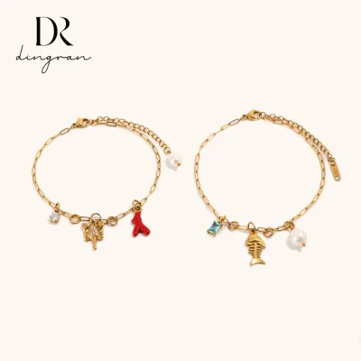 Stainless Steel Jewelry Europe and America Popular New Marine Vacation Wind Foot Plated 18K Gold Red Drop Oil Lobster Anklet