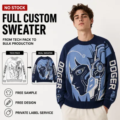 Custom Logo Sweater Navy Blue Anime Girl Portrait Heavyweight Jacquard Knit Oversized Mens Streetwear Casual Crewneck Sweater
