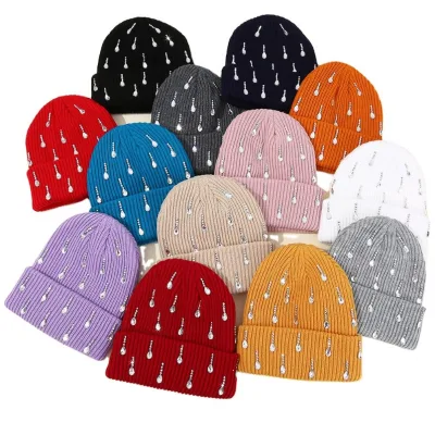 Acrylic Knitted Beanie Hats with Beads and Pearl Crystal Rhinestones