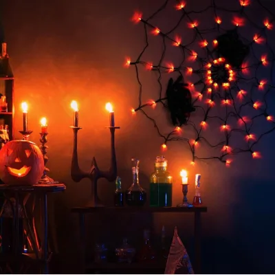 High Quality Indoor Outdoor Waterproof Halloween Decoration Black Spider 70 LED Orange Lights Spider Web Lights