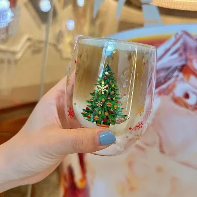 Double Wall Insulated Christmas Glass Cup Borosilicate Clear Tree Pattern Red Gold Snowflake Holiday Drinkware