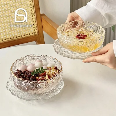 Embossed Rose Flower Glass Soup Bowls and Saucer Restaurant Small Sharing Glasses Fruit Dishes Bowl of Dessert