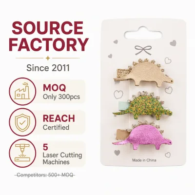 Wholesale Kids Dinosaur Hair Clips 3Pcs Set | Stegosaurus Rhinestone Barrettes Fabric Ribbon | Party Use | Custom OEM | MOQ 300