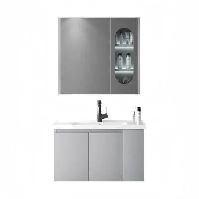 High Quality 35-Inch Modern Gloss Gray Bathroom Vanity 90cm Carcase for Hotels Solid Wood Multi-Layer Board With White Basin