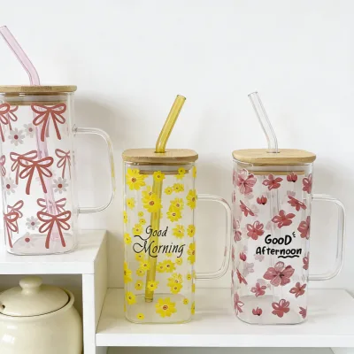 Square-Patterned Bamboo-Lid Tumbler with Straw Large-Capacity Borosilicate Glass Cup with Handle for Milk and Coffee