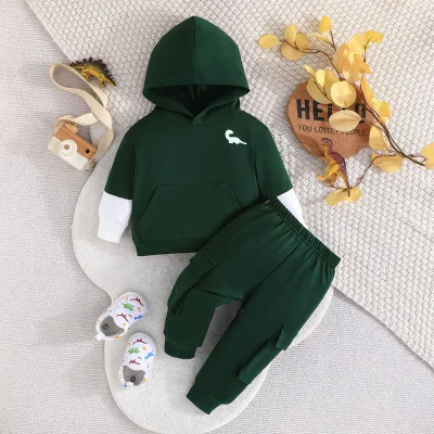 European and American Autumn Winter Casual Style White Boy Hooded Patch Bag Long Two-Piece Set with Sleeves Stitching