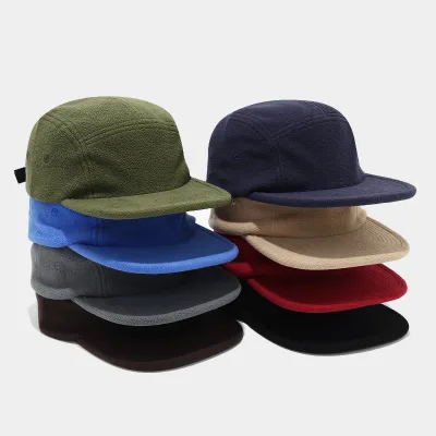 Fleece Five Panel Snapback Cap Flat Brim Solid Color Warm Baseball Hat for Men and Women Outdoor Casual