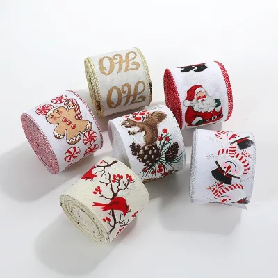 New Christmas Imitation Burlap Ribbon with Gingerbread Man Pine Cone Decorations Handmade 2m Ribbon with Wire Edge Bows