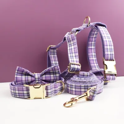Purple Plaid British-style Dog Collar & Leash with Bow Decoration Engraved Design Crystal Accents for Dog Walking