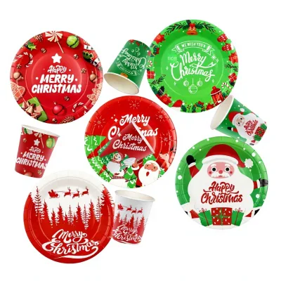 Christmas & New Year's Party Decorations-Disposable Paper Plates Cups Napkins Set