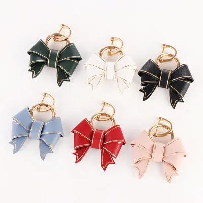 Fashion PU Leather Bow Keychain for Women Luxury Gold Trim Butterfly Knot Car Key Ring Holder Cute Phone Bag Charm Pendant Gift