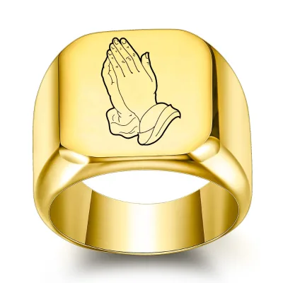 Custom Logo Gold Plated Blank Engraved Stainless Steel Square Praying Hands Infinity Signet Finger Rings for Men