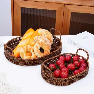 Oval Hand Woven PP Plastic Rattan Basket Tray Coffee Serving Tray Decorative Storage Basket