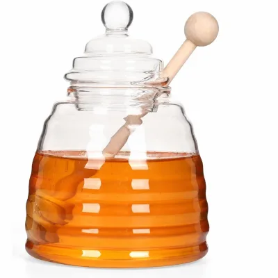Glass Honey Jar with Wooden Lid and Dipper 280ml 500ml Airtight Cover See Through Jam Storage for Kitchen