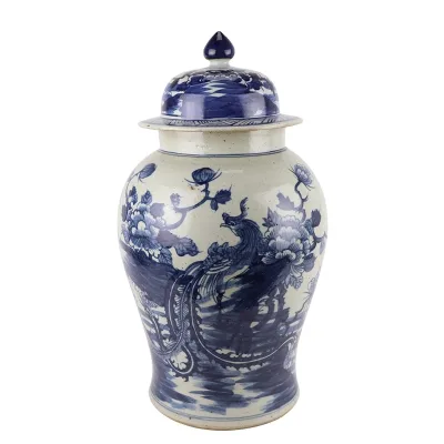 RZPJ13-B Antique Blue and White Porcelain Landscape Phoenix Bird and Flower Pattern Temple Jars Ceramic Flower Vase