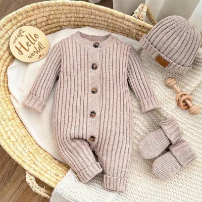 Cozy Long Sleeve Newborn Button-Up Jumpsuit Soft Striped Knit Outfit Unisex Cute Embroidered Baby Clothes Sweater Romper