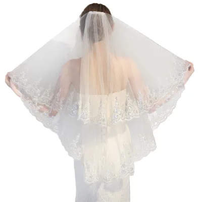 New Women's Elegant Two-Layer Tulle with Comb Lace Bridal Veil With Applique Edge for Bride Wedding Accessories