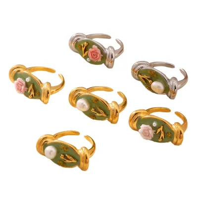 Niche Design 18K Gold Plated Stainless Steel Oil Painting Enamel Floral Baroque Pearl Adjustable Ring for Women Holiday Outfit