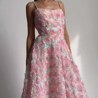 Elegant Pink Rose Floral Sleeveless Midi Dress Custom Fashion Chiffon Casual for Ladies Strapless Natural Featuring Rhinestone