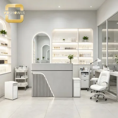 Commercial Salon Reception Desk with Smooth Rounded Edge and Illuminated Decorative Strip for Skincare Clinic
