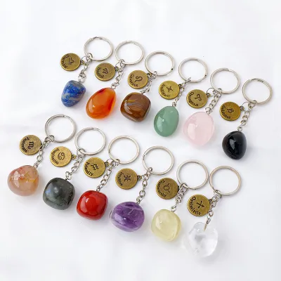 Natural Crystal Palm Stone Zodiac Keychain Energy Rolling Gemstone Constellations Charm Key Chain Ring Spiritual Gift